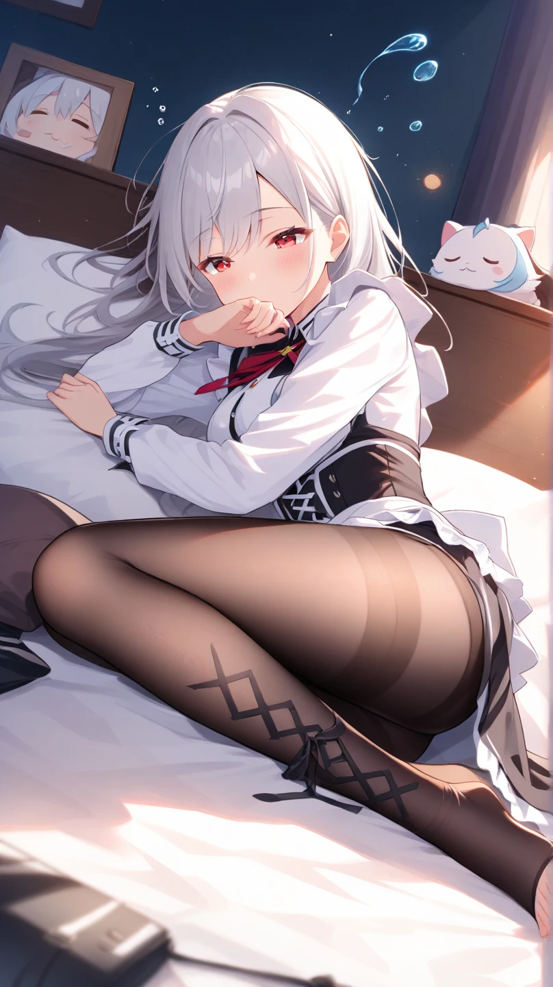 White silk knee socks,Short skirt,Boots,Lining,coat,White hair,Cat girl,Loli,small headdress,Main color white light blue light pink,Lying in bed