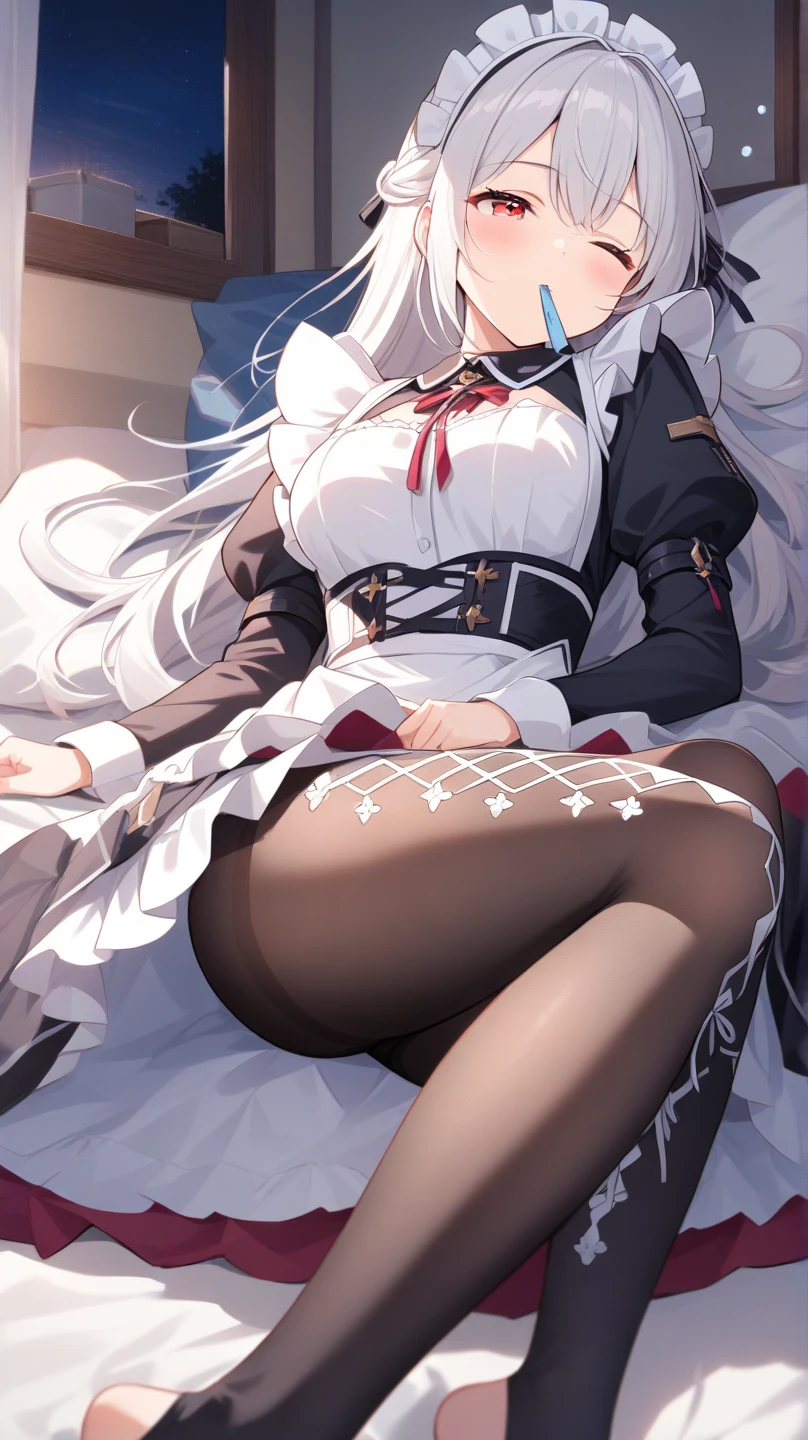finest, masterpiece, High resolution, (whole body), front, symmetry, Mature , alone, (whole body from head to toe), small breasts, long hair, slightly messy hair, (black tights), ( (black pantyhose), black pantyhose, composition show me your white panties, slender beautiful foot, very beautiful 17 year old girl (not wearing shoes) foot), blush, shy big eyes, messy hair, looking at camera, show me your white panties, White ruffled lingerie, high school uniform blazer, high school uniform white blouse, High school uniform with blue ribbon, High school uniform with short plaid pattern and navy pleated skirt