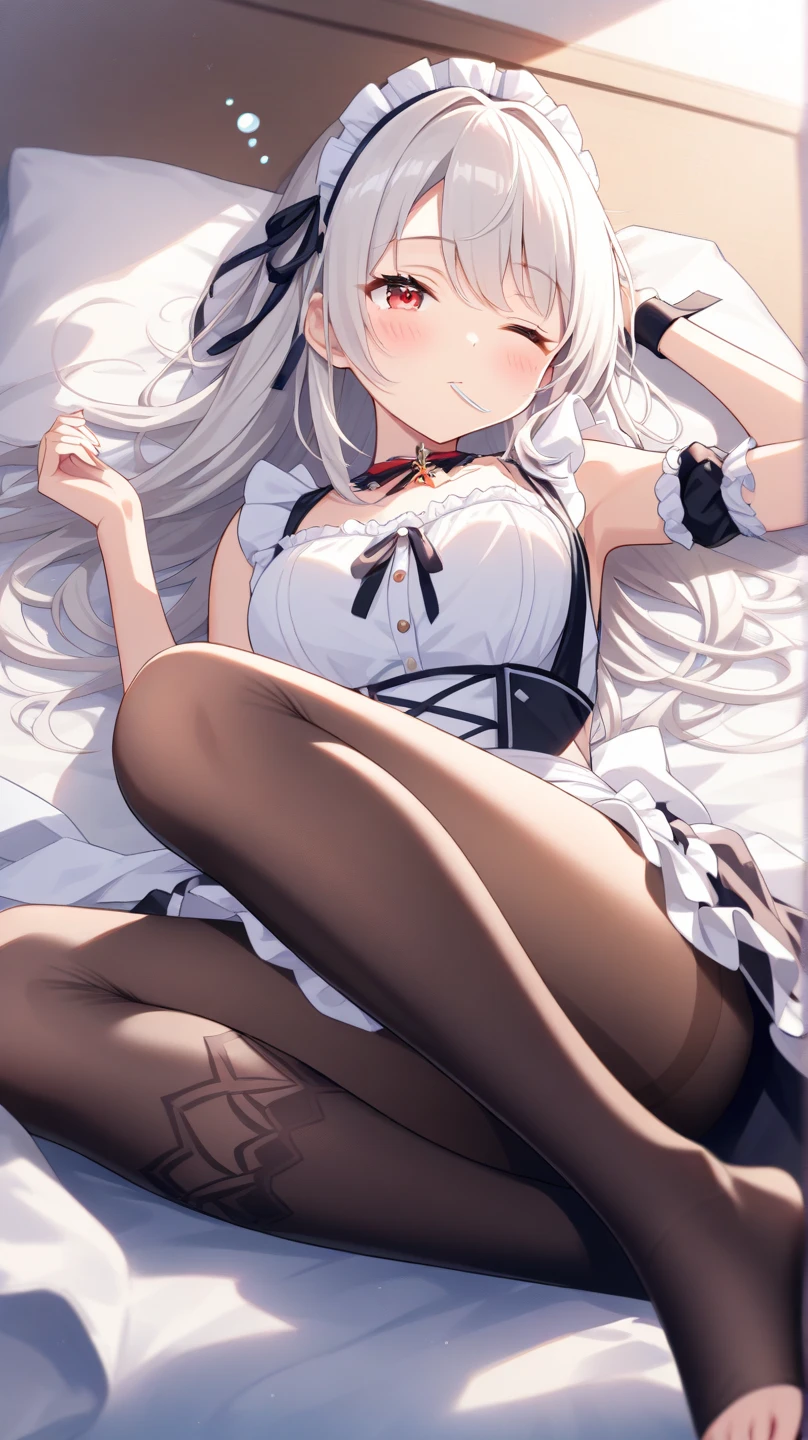 anime, 1 girl, cat girl, cat ears, perfect face, Radiant skin, Beautiful long flowing hair very huge breasts, Open breasts,Bare shoulders exposed, arms exposed, hands behind her head, Slim toned body, seductive posture, legs up, showing butt, showing feet, sexy posew, Slim white shirt with tie, Tight black skirt, High skirt, nylong stockings, five fingers, long legs, bedroom environment, 8 k artistic photography, Conceptual art of photorealism, soft natural volumetric cinematic perfect light, epic, Trending on Artstationh, vibrant, Production of a cinematic character, very high quality model, Chiaroscuro