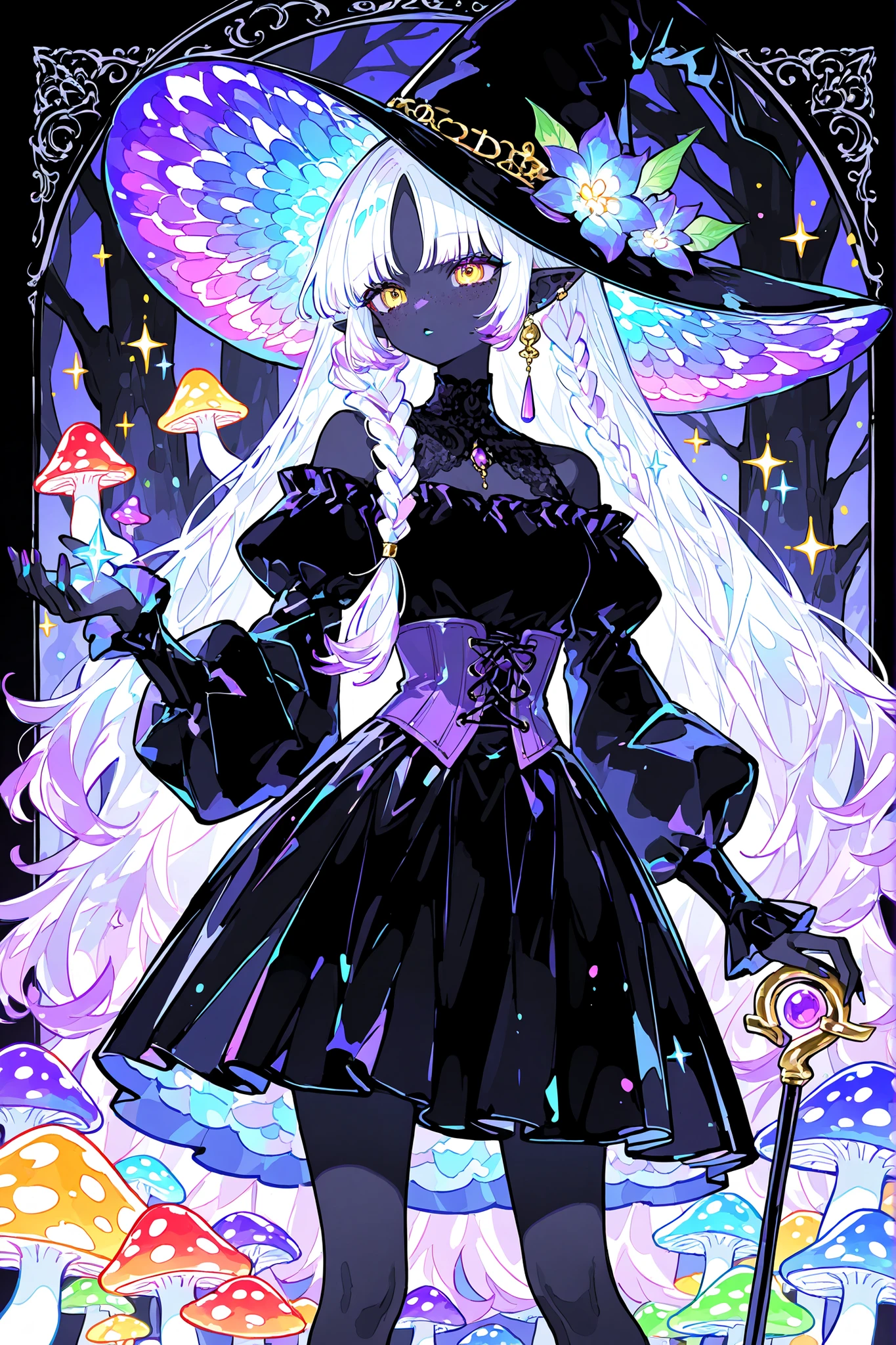 She has dark purple skin with freckles. she has pointy ears with gold earings. She has longest two tone TURQUOISE HAIR with purple highlights, her bangs are braided in sparse braids. she has yellow-amber eyes. TURQUOISE lipstick. She wears an off-the-shoulder black blouse with long black puffy sleeves, a purple corset, and a knee-length black skirt. On her head she wears a black flat wide-brimmed hat with lace. She holds a black cane with an amethyst in her hands. She holds a staff with a magic amethyst stone in her hand. On the background: cave, dungeon and mushroom grove. Bioluminescent flowers are growing. lots of huge colorful mushrooms as tall as a tree. The fern is in bloom.