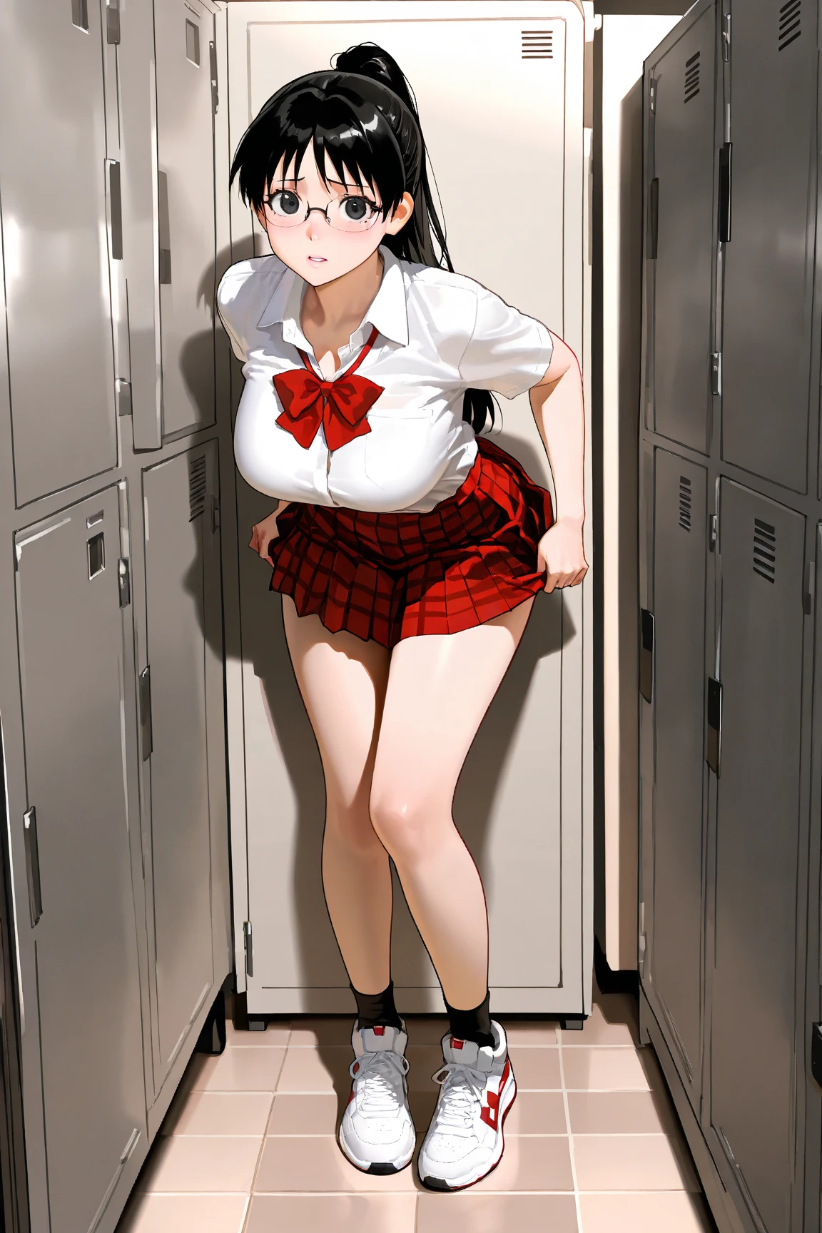 high school student、Women、School classroom、(Big Breasts)、smirk、curvy、(((((1 girl)))))、from below、With a cheek cane、