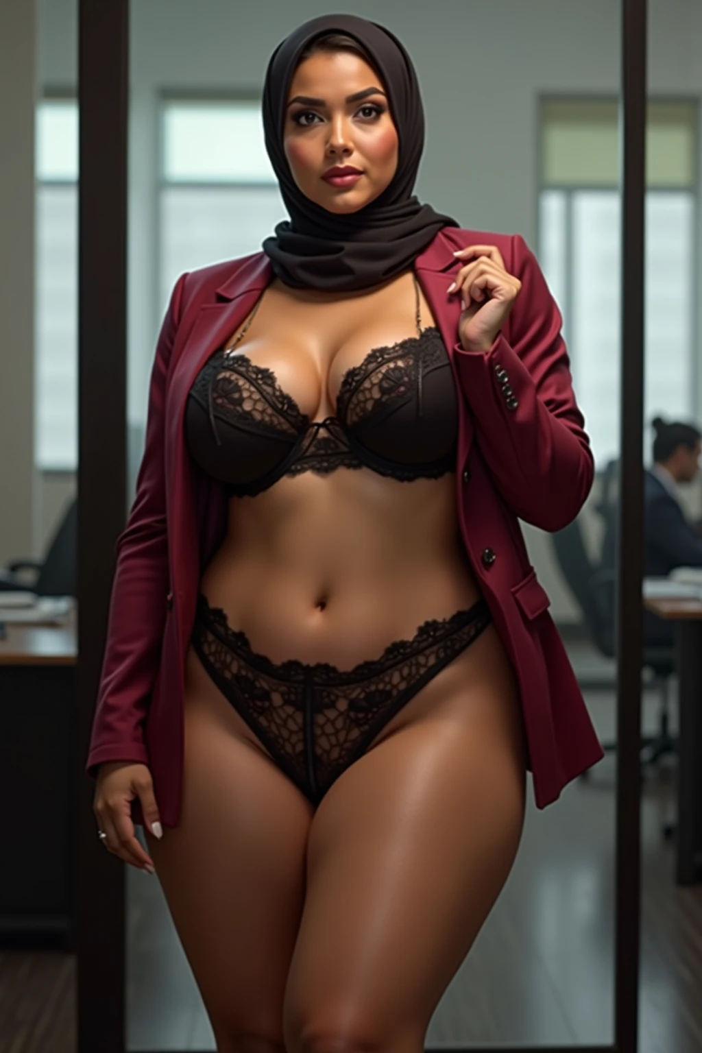 56 years Old, (Sugar Granny), (Sensual Lips), (White Skin),(stripping down color navy blue police uniform), beautiful Hijab Indonesian mature woman, (Massive mature Big : 1.4), (Blazer, Sport Bra, stockings pants, Mini Skirt), curvy body, (Breast about To burst out from her clothes), at police office, Dark light, at Nighttime.