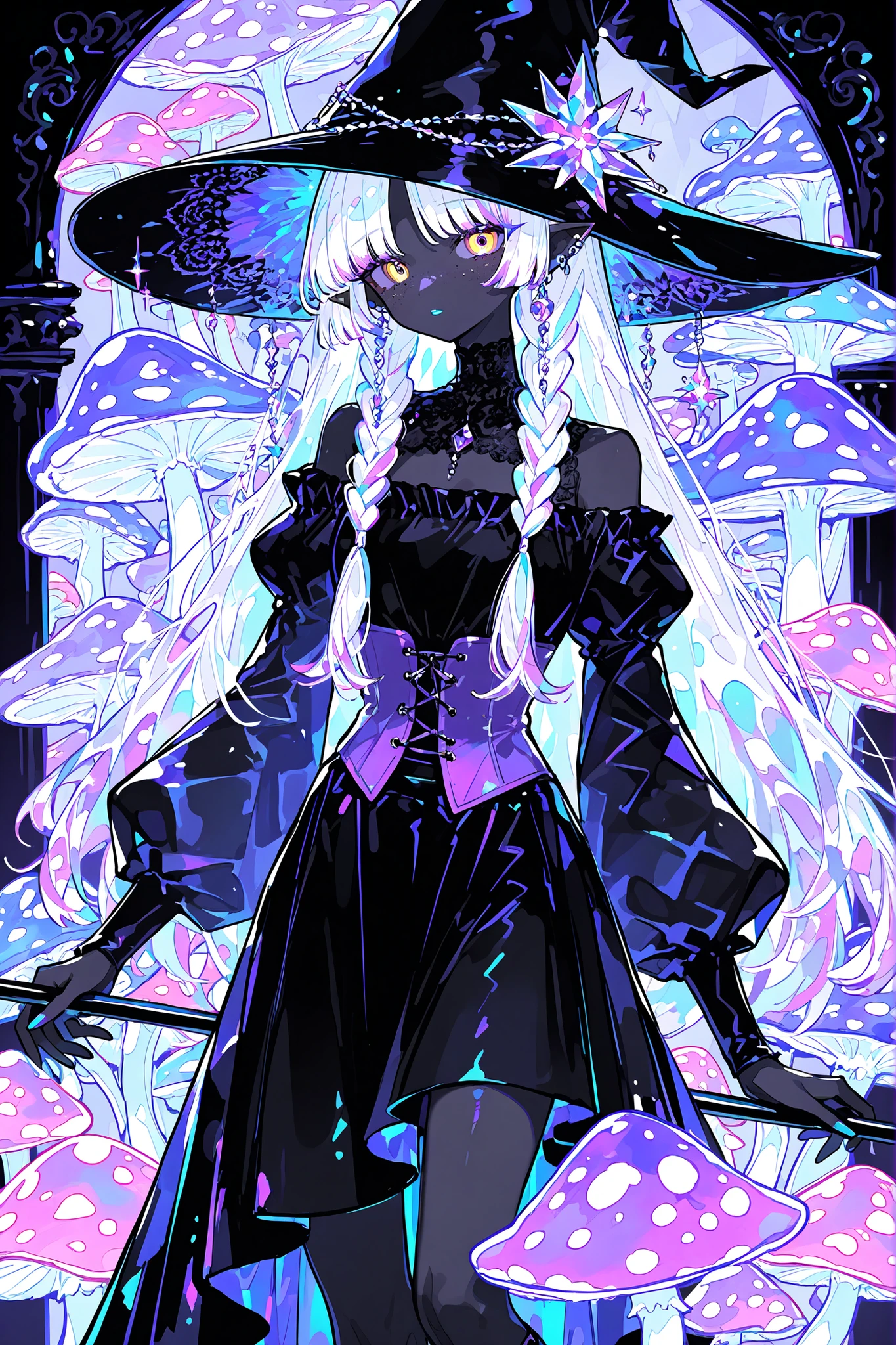 She has dark purple skin with freckles. she has pointy ears with gold earings. She has longest two tone TURQUOISE HAIR with purple highlights, her bangs are braided in sparse braids. she has yellow-amber eyes. TURQUOISE lipstick. She wears an off-the-shoulder black blouse with long black puffy sleeves, a purple corset, and a knee-length black skirt. On her head she wears a black flat wide-brimmed hat with lace. She holds a black cane with an amethyst in her hands. She holds a staff with a magic amethyst stone in her hand. On the background: cave, dungeon and mushroom grove. Bioluminescent flowers are growing. lots of huge colorful mushrooms as tall as a tree. The fern is in bloom.