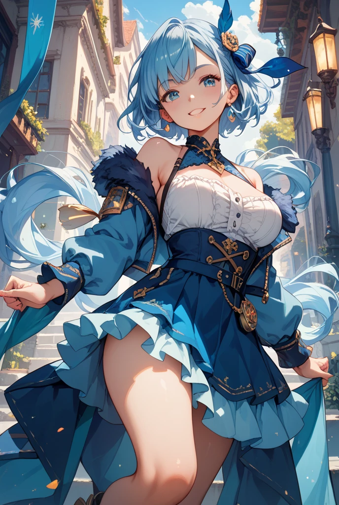offcial art，Unified 8K wallpapers，ultra - detailed，Beauty and aesthetics，tmasterpiece，best qualtiy，（zentangle，datura，Tangles，entangled），（s fractal art：1.3），1girll，The is very detailed，dynamic angle，cow boy shot，The most beautiful form of chaos，elegant，Fauvist design，vivd colour，romanticism lain，James Jean，Robbie Devi Antono，ross tran，Francis Bacon，Michal Mraz，adrian ghenie，petra cortright，Gerhard Richter，Takato Yamamoto，Ashley Wood，Atmospheric，A note of ecstasy，streaming musical notes visible,Short blue hair, hair bobbles, wince, long eyelasher, solid circle eyes,  Light smile, Ear blush, Fang, surrealism, shadowing, anaglyph, stereograms, tachi-e, angle of view, Atmospheric perspective, 8K, Super detail, ccurate, Best quality,Transparent clothing material，Wear a jacket，cleanness，Transparent，Red, Translucent skin，ssmile，Lateral face，Bigchest，White lining，blue color eyes，In the alleys of dawn