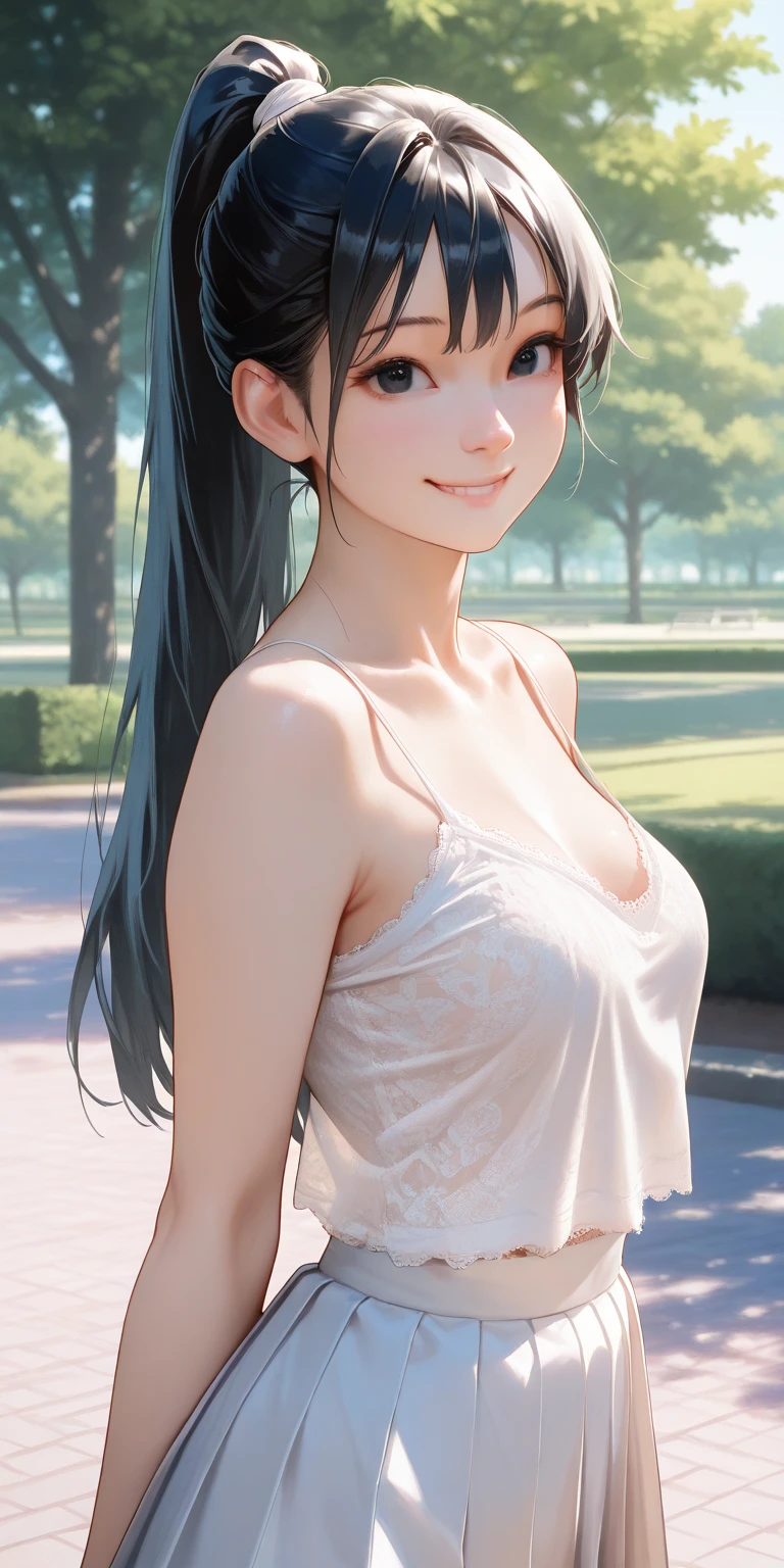 Kaori Brown Long, Brown hair, Pretty Face, Smile ,blush,Blue sky, on the street, Casual wear, jeans ,Bare shoulders,Bare belly,Huge breasts, cleveage,Extremely detailed wallpaper, Perfect lighting, Sunlight,(8K, RAW photos, best quality, masterpiece: 1.2), (Practical, Practical: 1.37), Ultra-high resolution