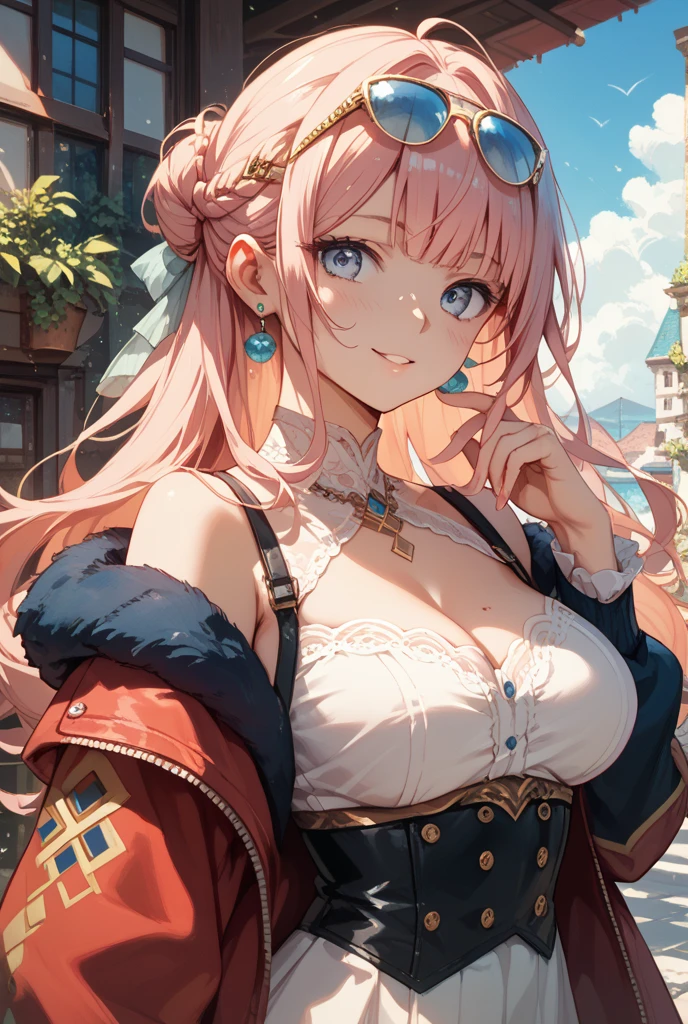 （Best image quality）,masterpiece,8k wallpaper,One Woman,22 years old,Europe,（（German folk costume））,Large Breasts，Cleavage,On all fours,Looking up at the audience,Captivating smile，Pink Cheeks，Glasses，The background is a German village,Natural soft light,frontage,70 degree angle of view