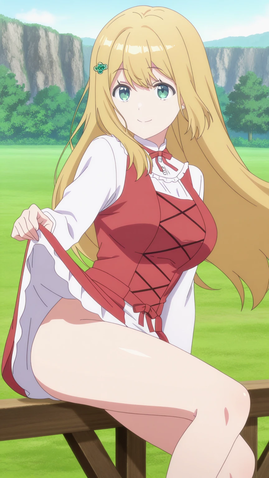 (anime art style), masterpiece, best quality, very aesthetic, absurdres, dynamic shadows, atmosferic, minamifuyuki, ((1girl)), antenna hair, blonde hair, long hair, sidelocks, ahoge, eyeslashes, blue eyes, large breasts, sexy, cleavage, white sneakers, turtleneck sweater, striped sweater, white sweater, cutout on cleavage, micro shorts, denim shorts, black thighhighs, bare arms, borrowed, embarrased, intense blush, ((feet out of frame)), (from back), (grass), (afternoon), (autumn), (trees), (clouds), (all fours), (looking at viewer:1.0)
