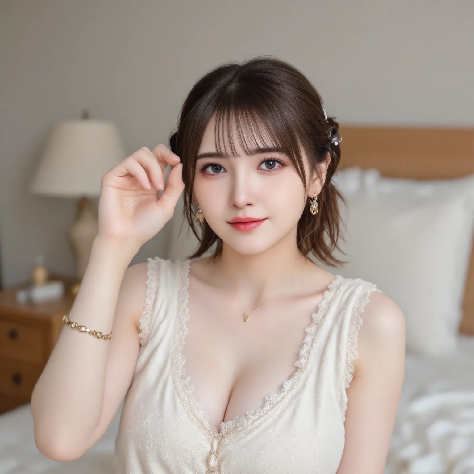 Highest quality、High resolution、8k wallpaper、Dense and beautiful eye-glue hair、(Beautiful breasts:1.3)、Natural color lip、25歳のwoman、woman、Brown Hair、Straight face、Semi-long hair、Hair tied up、Wearing a necklace and earrings、Frilly black blouse、work、Short sleeves、indoor、IT industry、Large office、