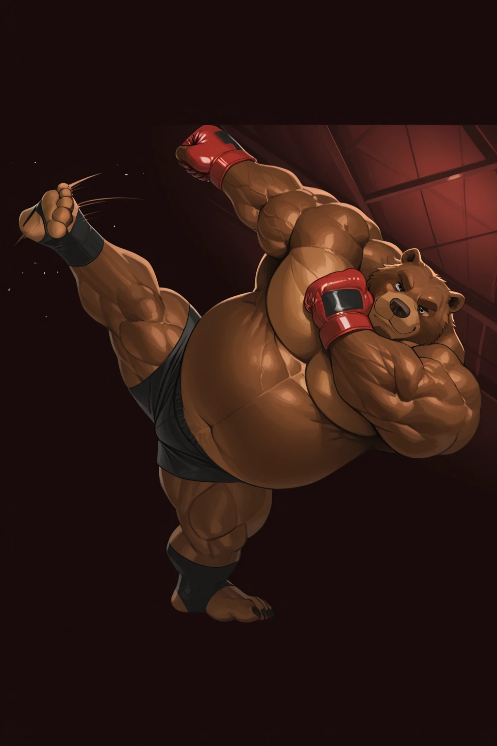 (sumo wrestler:1.1), boar, big pecs, huge belly, muscular arms, (details hand:1.1)in a bedroom, (wearing black mawashi:1.1), in battle stance, laughing face, slobby, sweaty, steamy, by darkgem, por zixiong, by Glitter Trap Boy