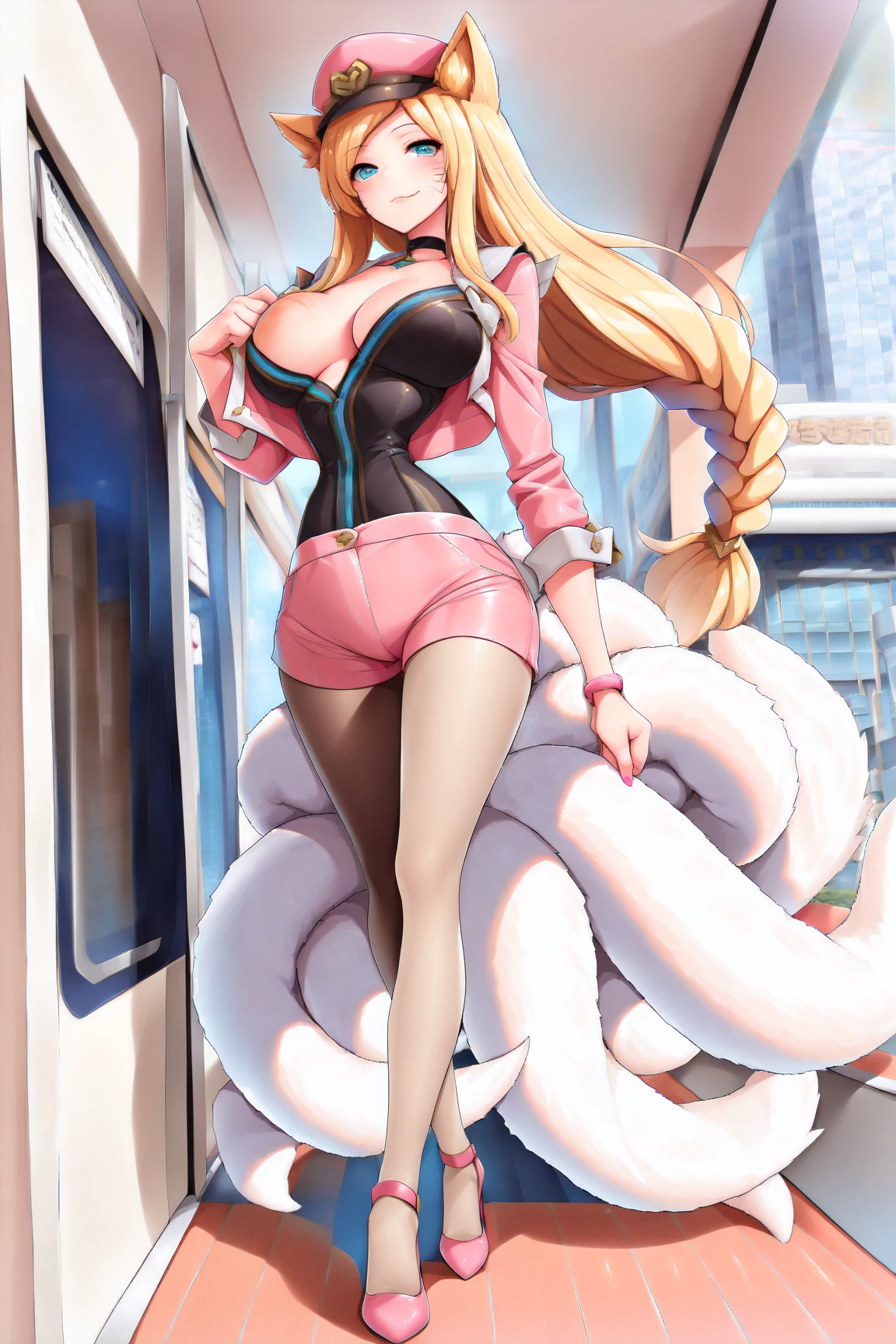 safe for work, (best quality,4k,8k,highres,masterpiece:1.2), ultra-detailed, cartoon, vibrant colors, HDR, a cartoon picture of a woman with a big breast sitting on a ledge, a human-like juicy peach, portrait of princess peach, princess peach), princess peach, thicc, danbooru and artstation, commission for high res, video game fanart, giantess art, the princess of power, extremely detailed artgerm, high quality fanart, nintendo game art, araffe in a pink bodysuit posing on a city street, neon light and fantasy, pink body, very sexy outfit, tight attire, pink body harness, perfect body, sexy outfit, sexy dominant pose