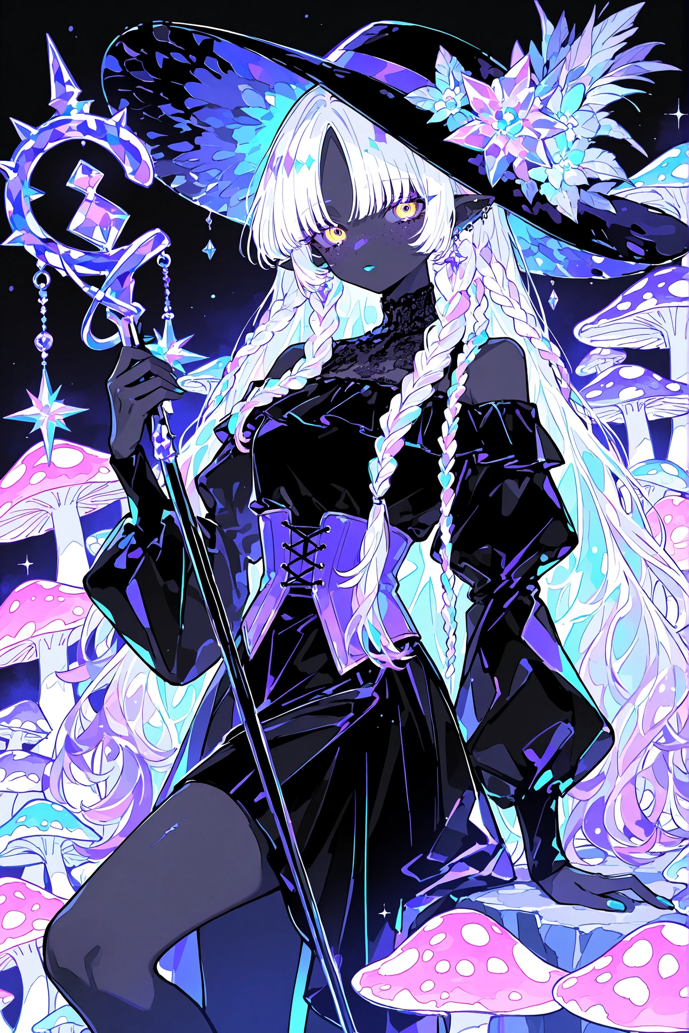 She has dark purple skin with freckles. she has pointy ears with gold earings. She has longest two tone TURQUOISE HAIR with purple highlights, her bangs are braided in sparse braids. she has yellow-amber eyes. TURQUOISE lipstick. She wears an off-the-shoulder black blouse with long black puffy sleeves, a purple corset, and a knee-length black skirt. On her head she wears a black flat wide-brimmed hat with lace. She holds a black cane with an amethyst in her hands. She holds a staff with a magic amethyst stone in her hand. On the background: cave, dungeon and mushroom grove. Bioluminescent flowers are growing. lots of huge colorful mushrooms as tall as a tree. The fern is in bloom.