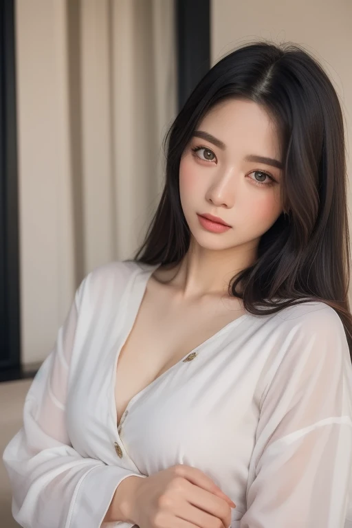absurdres, RAW photo, extremely delicate and beautiful, masterpiece, Best Quality, ultra high resolution, 32k, hyperrealistic, ultra-detailed, perfect figure, Perfect Style, Perfect balance, in her 20s, very small head, very small face, delicate facial features, tearful mole, earring, very huge breasts, (full body shot:1.2), medium hair, black hair, (business dress:1.2),