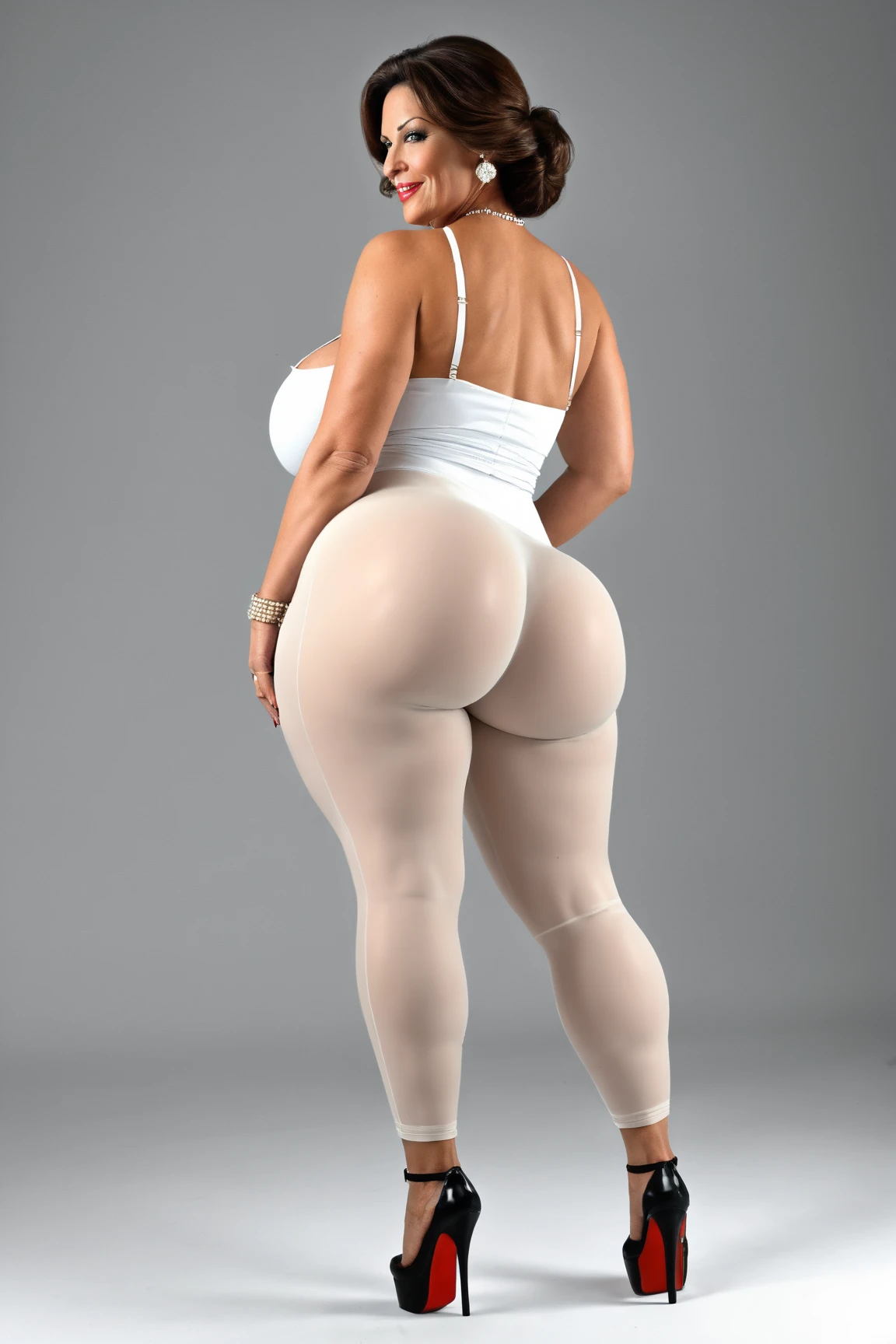 BREAK score_9, score_8_up, score_7_up, score_6_up, realistic, multiple views/angles BREAK mature female, blonde hair, blunt bangs, long ponytail, sidelocks, nose, puffy lips, beautiful eyes, detailed beautiful eyes, (black crop top), covered nipples, hands on own hips, (black sunglasses on head)1.2, highleg thong cameltoe, (light-gray tight yoga pants), (20cm high heeled stilettos)1.2, skindentation, huge natural breasts, (fit body)1.2, (wide hips), looking at viewer, (upset face expression, very angry, concerned look)1.2, solo, tanlines, solo, underboob, (inside crowded public bus background), detailed face, pubic hair, multiple views/angles front view and rear view