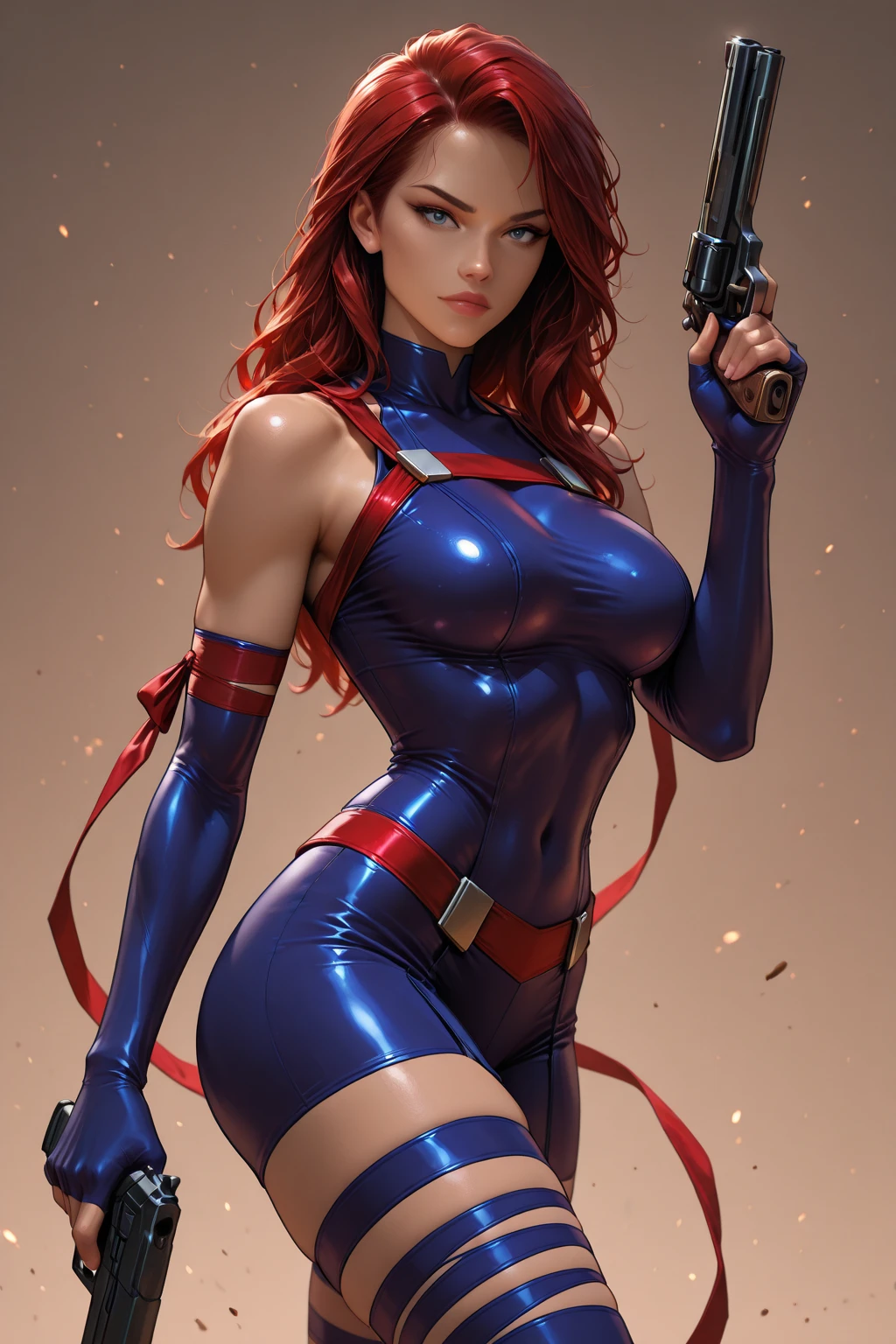 A seductive woman with red hair, wearing red lipstick and with large breasts. Nike Tenes Blue Viatido --auto