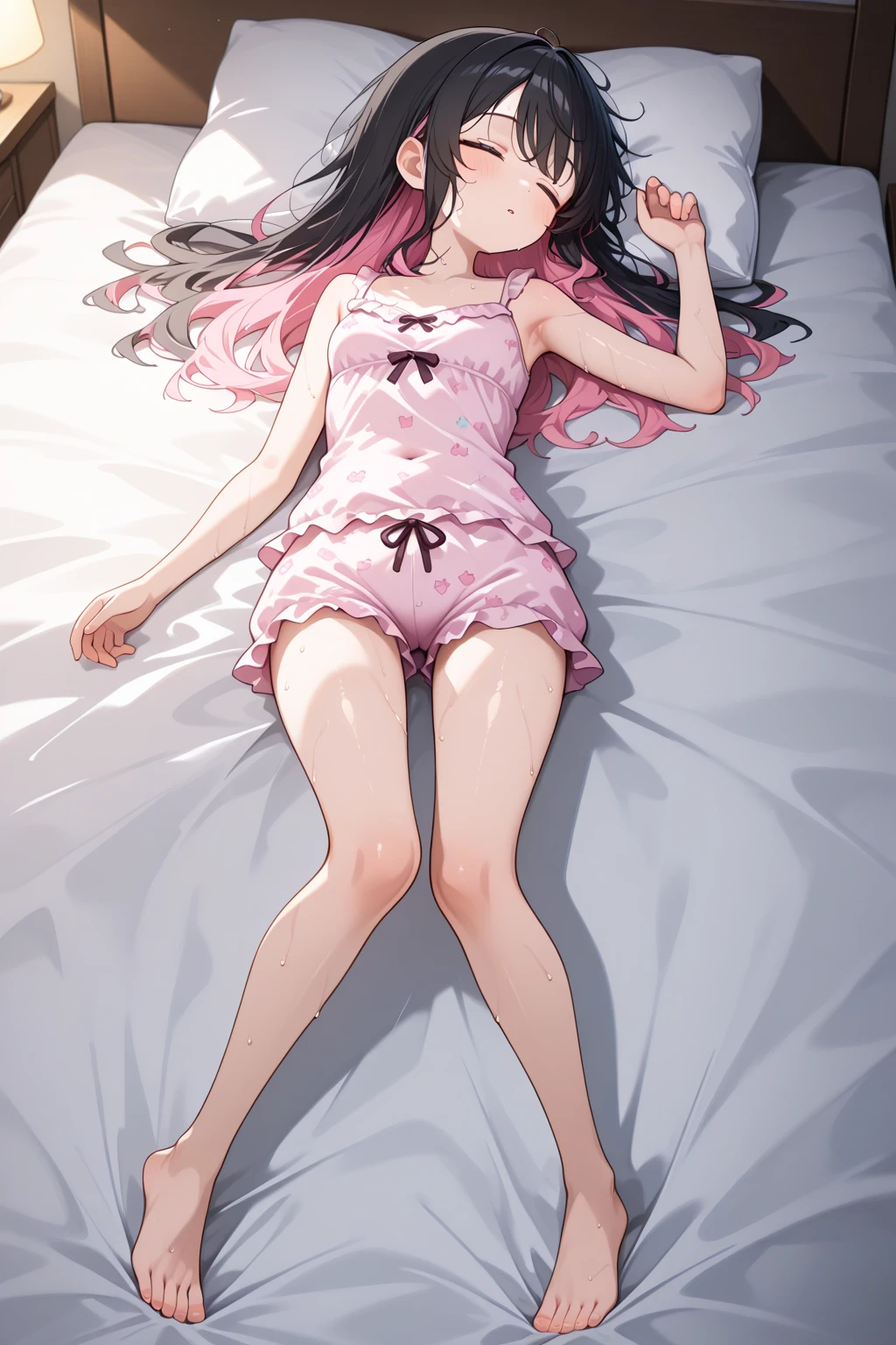 Girl pink hair, mid - length hair,Pink transparent long dress, white panties,Lying With Legs Spread,Bad laughs,Be red in the face