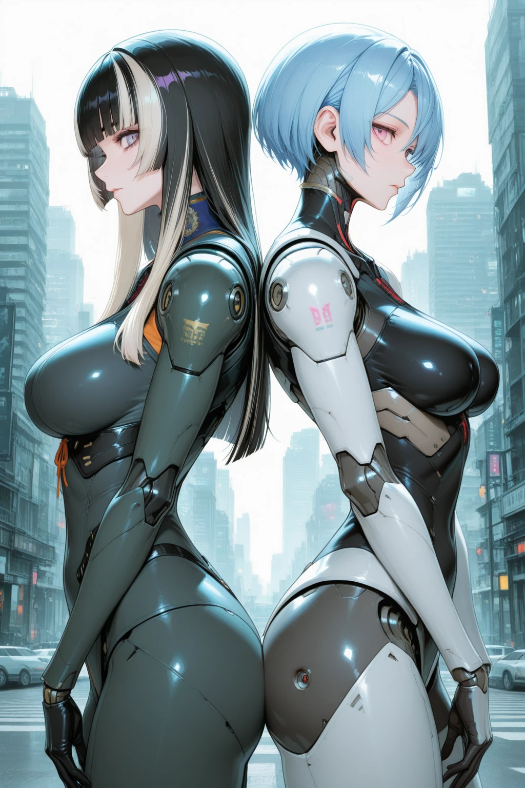 a girl with a full black robotic body, featuring sleek and high-tech components. She has short black hair, blue eyes, and an angry expression. She wears a robot mask that partially covers her face, blending seamlessly with her polished mechanical limbs and torso. The subtle lights and mechanical joints of her body enhance the contrast between her human-like features and her robotic form.