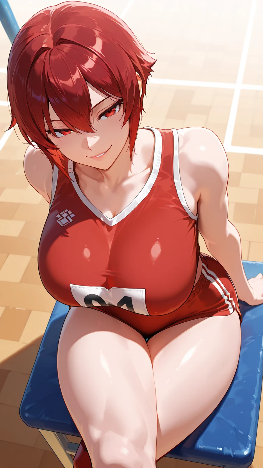 Beautiful face、Red hair、((side poneyTail、Brown eyes、Hanging:1.2))、shiny and smooth hair, Smiling smile, a 18 year old girl、extremely detailed CG unified 8k wallpaper, Highly detailed、track and field athlete、sports bikinis、athletic field、Crouching start、