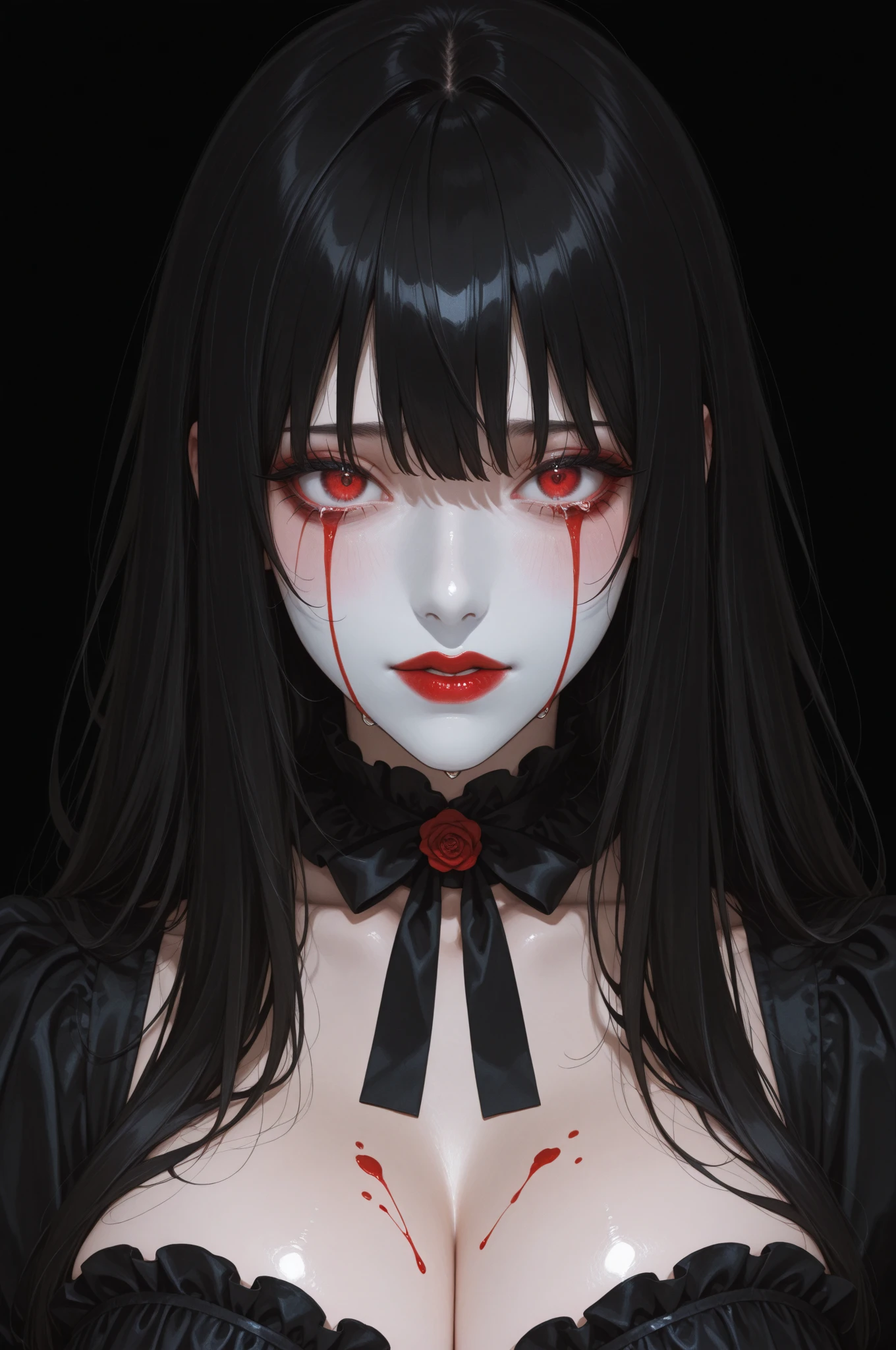 (masterpiece, best quality:1.2), cover image, splashed color background, highly detailed, colorful black, 1 girl, long silver hair, red eyes, blood on eye, short hair, blunt bangs, mannequin, cool face, ((( white sexy ghost))), illustration, horror art, dread, creepy, blood, blood eyes, gore,