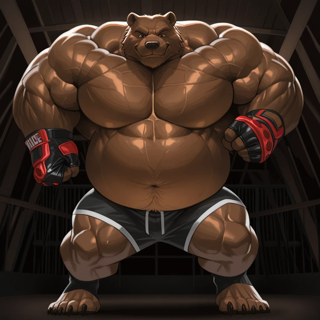 ((solo)), (anthro:1.2) bear (lora; little john), adult, (athletic:1.4), (dense muscles), (super strong:1.4), (correct anatomy:1.2), (broad shoulders:1.2), (heavy build, massive body:1.6), (realistic fur, detailed brown fur texture:1.3), detailed background (corner of the kickboxing ring:1.6), photorealistic, (black compression shorts), (bare torso:1.4), (foowear:1.2), (detailed clothing), hyperrealistic, ultradetailed, (by wfa:1.2), (by takemoto_arashi, by vorusuarts, by Traver009:1, by grimfaust:1), natural lighting, (wet. sweat:1.4), exhausted, ursine head (open eyes, brown mane), (steaming breath:1.2), ((serious:1.4) expression), (kicking:1.6), (punching:2.1)((practicing:2.0) training) (view from right:1.4)