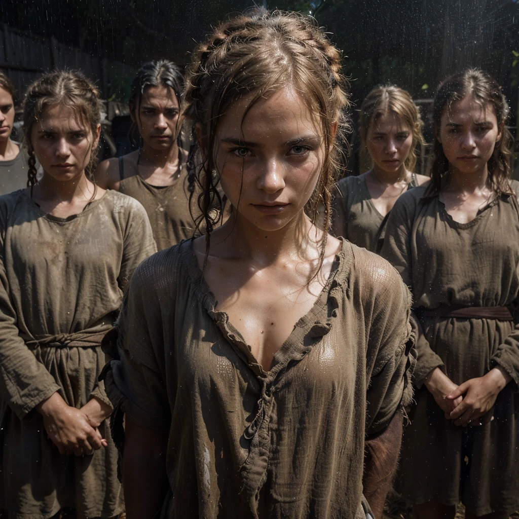 Serfdom in Russia 19th century Russian peasant serf girls dressed in peasant homespun canvas shirts and peasant sundresses , barefoot , sweaty hair braided, tanned, beautiful but unhappy, tired of corvee