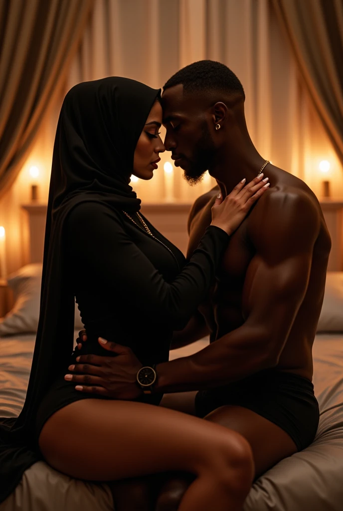 Hijab, big boob, licking ,white dress on bed with black men