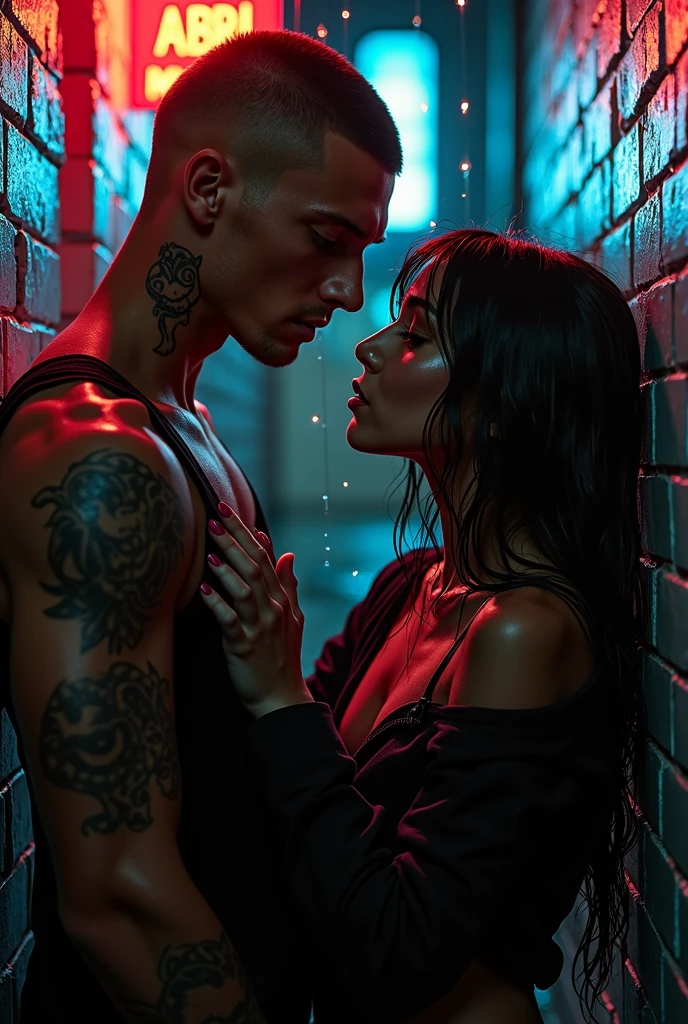 A very cute goth femboy with her strong blond masculine boyfriend