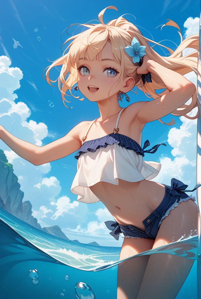 Breasts sticking to a white dress shirt、She is wearing a light blue and white checkered skirt with both hands, showing off her cute white underwear.、barefoot、Sandy beach, sea and blue sky、Cute white underwear