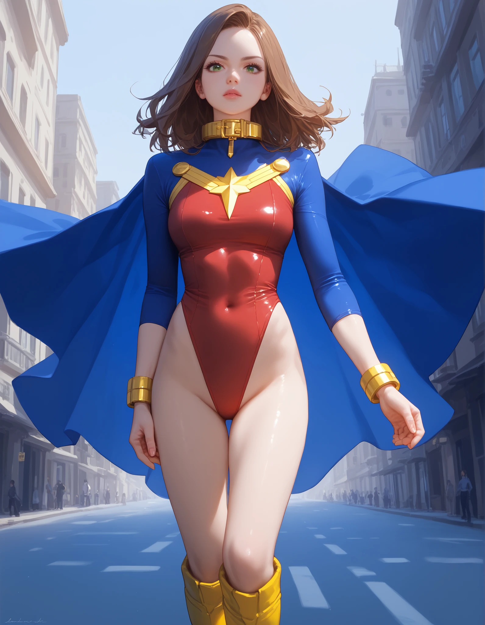 (masterpiece), (best quality), (high res), 1lady, tall body, finger proportions coordination, professional, beautiful detailed eyes, beautiful detailed face, perfect hands, complete fingers, perfect anatomy, perfect proportions, ((brown hair, medium hair, hair down)), ((green eyes)), ((leotard, matching leotard)), ((red leotard, belt, tight belt)), (bare legs), ((boots, matching boots, knee-high boots, yellow boots)), breasts, medium breasts, (full body portrait), looking at viewer, solo, solo focus, standing, (blue sleeves, yellow cuffs), (yellow hawk/(symbol) on the chest/), ((medium cape, blue cape)), full body costume design. Simple background, Multiple Views, Character Sheet Full-Length.