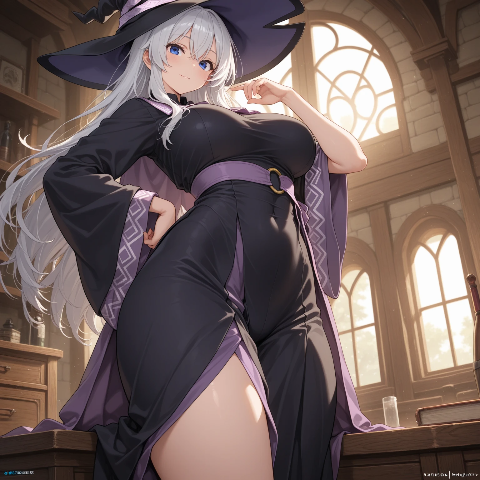 realistic, high resolution, soft lighting, 1 woman, alone, butt up, blue eyes, Witch Robe