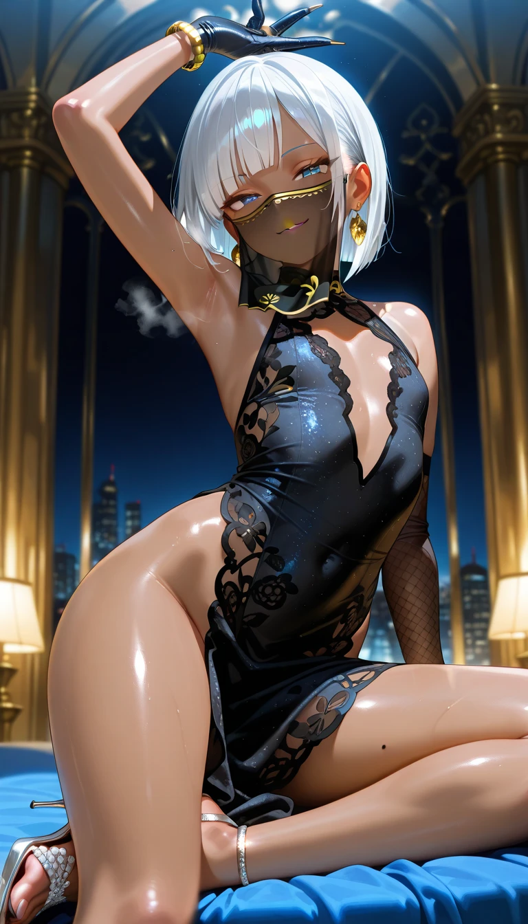 Highest quality、、(Bunny girl)、tights、High heels、Glossy Bunny Suit、From the back、((On all fours))、Get on your knees on the ground、Spread your knees wide from side to side、Futuristic Living Room、、Room with houseplants、Illuminations of the city can be seen from the window、Night view、Silver short hair、Beautiful Eyes、Beautiful Face、Delicate eyes、((Butt close-up))