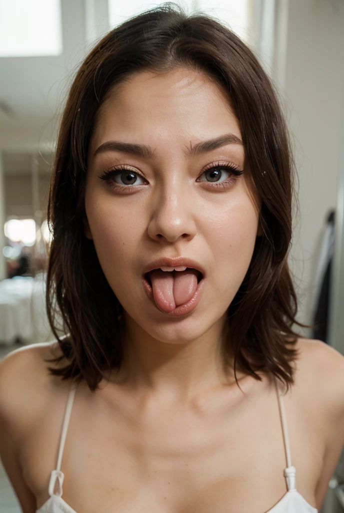 1 girl、超High resolution, retina, Accurate, masterpiece, Anatomically correct, Super Detail, Textured skin, Attention to detail, high quality, High resolution, 8k、Big double eyelids、nose、The focus is on the mouth、close-up focus on face、Woman with open mouth and closed eyes、30 years old、Brown Hair、(Verbal invitation, Long Tongue, traces of saliva, crazy ahegao, Drunk,Drooling),Tank top,(Oilskin)Drunk in orgasm,