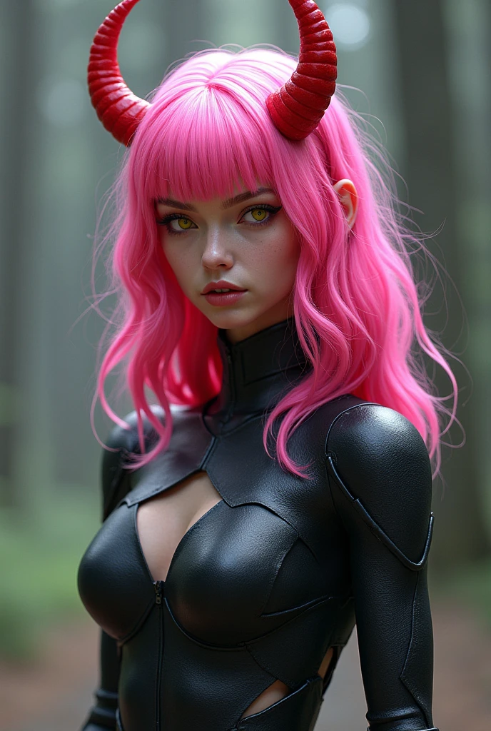 One person, Pink eyes, Anatomically correct, High resolution, Twin tails, magenta hair, Purple Hair, Neon green mesh hairstyle, Slanted Eyes, Solemn, Contemptuous eyes, Character Design, Magenta Goth
