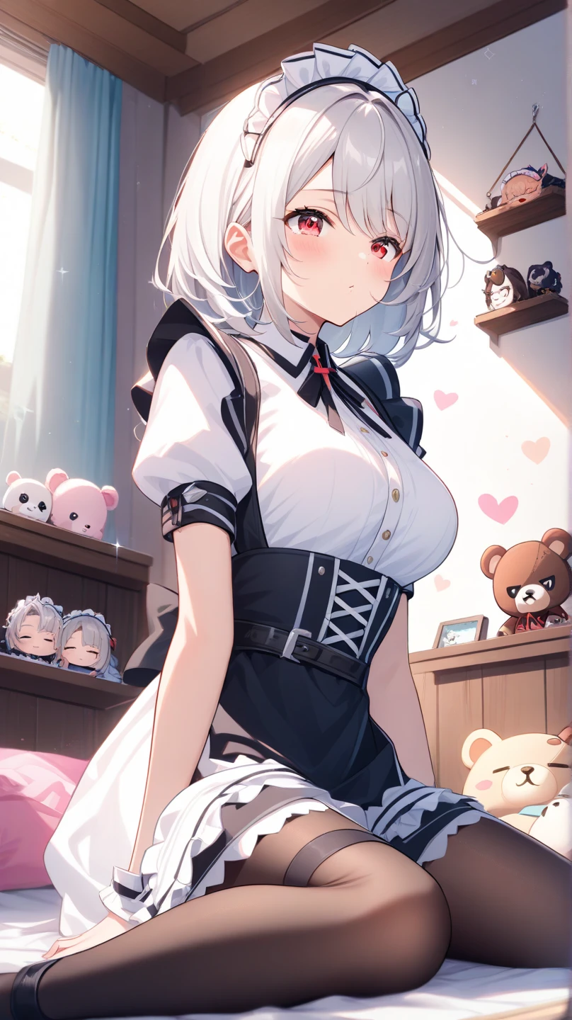 Blush, ((((White color blouse)))),  white long boots, (on top of the bed), Kneeling, D-cups, White hair, ahoge, Heart-shaped pupils, blue color eyes, (((((cat ear))))), is shy，White gloves， torogao, Reflectors, Yandere, anime big breast, Chiaroscuro, Ray tracing, shadowing, hyper HD, Masterpiece, Accurate, Anatomically correct, Textured skin, Super detail, High details, High quality, Award-Awarded, Best quality, A high resolution, 16k，(There is love around you)，((((Tempting))))