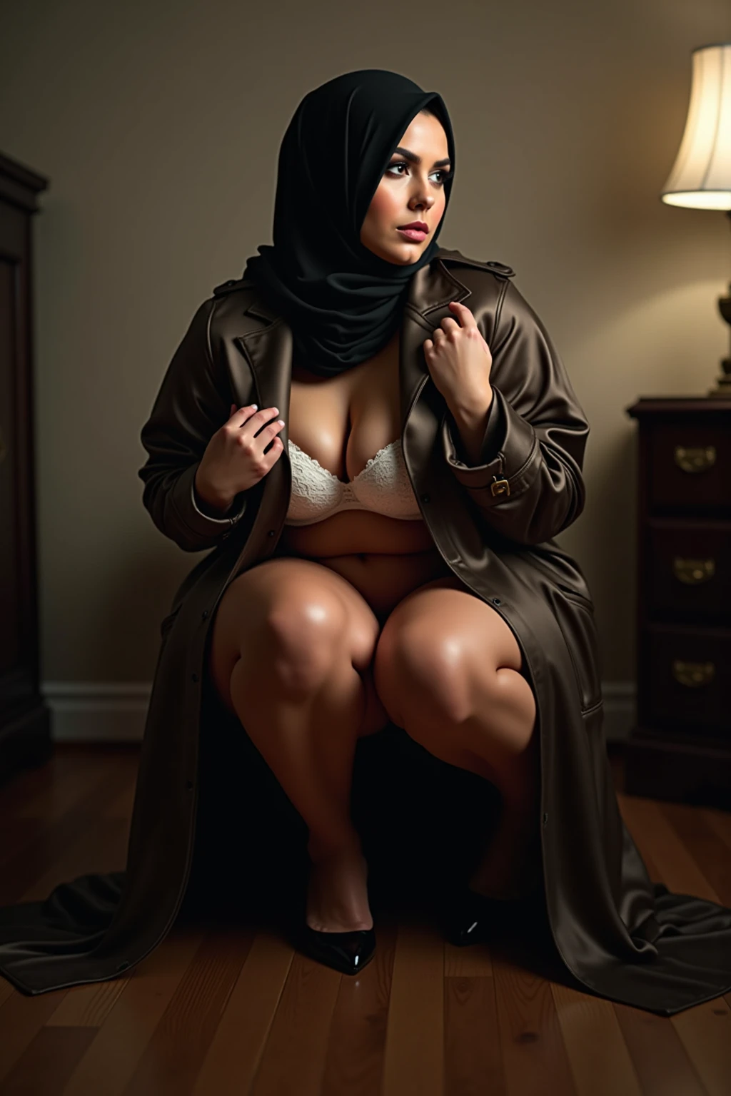 RAW photo,dark,moody,hazy atmosphere,35mm focal lenght,underexposed,cold,candid photograph,artistic,full body,photo of a beautiful,influencer,30yo Kurdish woman,hijab,detailed skin,fully naked,looking at viewer, thick body,candid pose,dim room,blue light, film grain, kodak color, instagram LUT