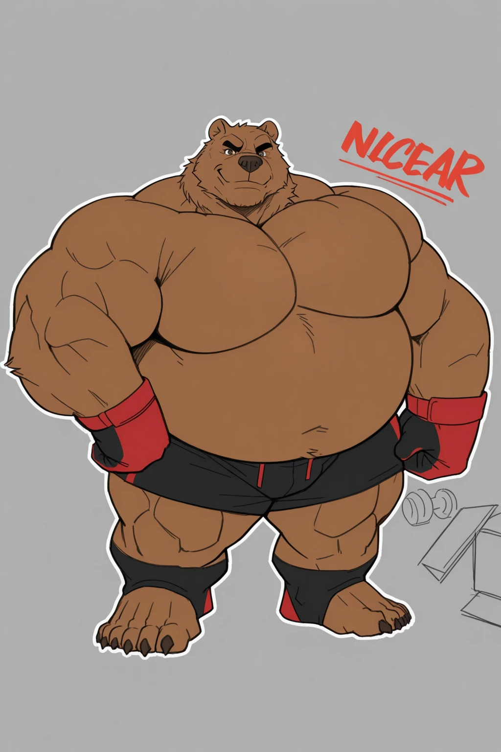 solo, 1boy, Huge Muscular Old Grizzly Bear wearing kickboxing MMA belt , thick pectoral, thick arms, huge pectoral, wide pectoral, hige brown fur, short white hair, Kickboxing MMA shorts, kickboxing MMA gloves, Kickboxing MMA Footwear 5 toes and shirtless, bearded, Kickboxing Martial Arts Cage Tournament background, masterpiece, semirealistic:1.2, high detailed, 8k, high resolution,  flexes his biceps