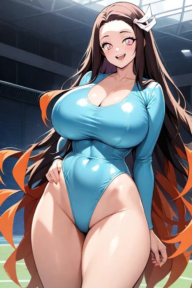 showing her armpits, standing on water, halfbody in water, (blue swimsuit), swimming pool outdoor background, night time, mei terumi, oda non style, anime cels style, smiling, long hair, brown hair, green eyes, ((hair over one eye)), (pink lipstick), best quality, high resolution, (cowboy shot, 1 girl, 30yo,Young female,Beautiful Finger,Beautiful long legs,Beautiful body, Beautiful Nose,Beautiful character design, perfect eyes, perfect face,expressive eyes, perfect balance, looking at viewer,(Focus on her face), official art,extremely detailed CG unity 8k wallpaper, perfect lighting,Colorful, Bright_Front_face_Lighting,White skin, (masterpiece:1.0),(best_quality:1.0), ultra high res,4K,ultra-detailed, photography, 8K, HDR, highres, absurdres:1.2, Kodak portra 400, film grain, blurry background, bokeh:1.2, lens flare, (vibrant_color:1.2),professional photograph, (Beautiful,huge_Breasts:1.4), (beautiful_face:1.5),(narrow_waist)