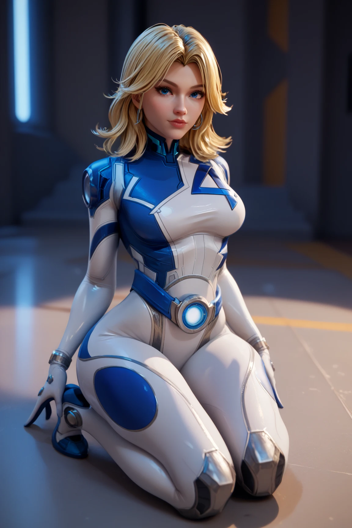 ((Zero Suit Samus)), (Samus Aran), (Metroid), ((sci-fi)), science fiction, ((blue latex)), wearing a (big diaper), pleasure, (kinky), colorful, fantasy, (magic), (magical fog), mature, (big breasts), wide hips, blushing, blonde, ((blushing)), big lips, bimbo, long lashes, (confident), ((mommydom)), atmospheric, celestial, (medbay)