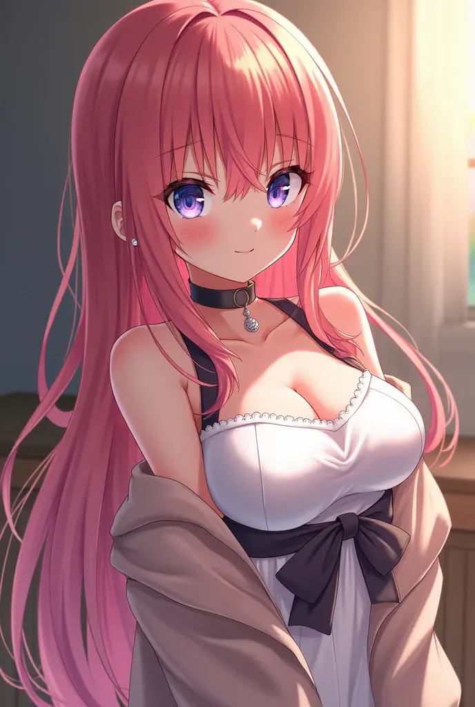(Best quality at best,8K,A high resolution,tmasterpiece:1.2),Digital artwork, one girl,detailed face,detailed eyes,pink hair,long straight hair,glowing purple eyes,red lip,Suspenders