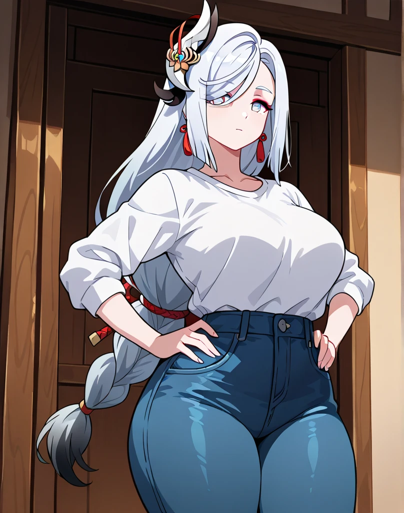 Cute Farmgirl with Braids. ((White haired woman, milf woman, long hair)), Perfectly round face. Beautiful cute face, Big beautiful voluptuous lips, charming beauty, ((gentle expression on your face)), ((Beautiful Big, detailed yellow eyes)), Waist slender, Broad Hips ((adventurous outfit, black blouse, leather pants, waist long)) (highy detailed)),offcial art, Award-winning digital painting, digital illustration, extreme detail, 4K, ultra HD, Rococo, polished, Intricate, realistic fantasy art, sharp focus, conceptual artwork, arte por WLOP, artgerm, (2D vector illustration) Light, airy, hourglass figure. ellie bamber
