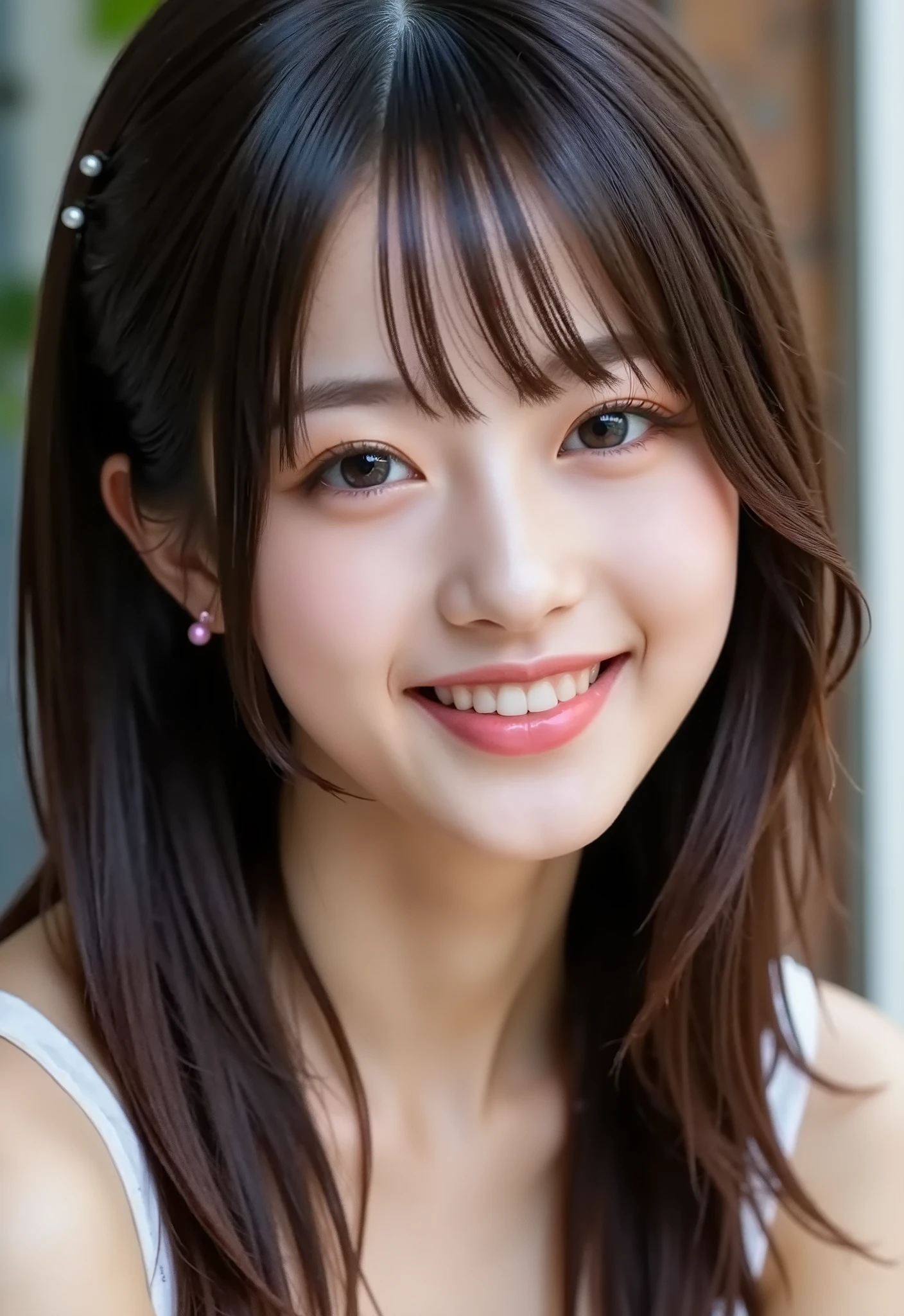 {{focuses on the face: 1.8},{{focus on the eyes: 1.8}},{{{top quality: 1.8}}}, {top quality: 1.8}, {bangs:1.8}},,{natural makeup: 1.8},{{Clear Eyes: 1.8}, {Beautiful Fingertips:nail polish:1.8}, {professional lighting)}},{high accuracy selection},{{{{small bra for photos}}}},{{One high school student's : smile ヤン: small breasts}}: {{Nipples(red)Nipples}},,{red頬: 1.6},,{{{{smile: big double eyelids: mascara: Teardrop Bag: long eyelashes: 1.8}}},,{{eyeshadow: 0.8}},{{{{透明な白いタンクトップ - Nipples: 1.8}}}},{{bob cut: Princess Cut: ponytail: 1.8}},{fold your hands behind your head: 1.8},{ Pink small earrings},{{Blurred white background: 1.8}}