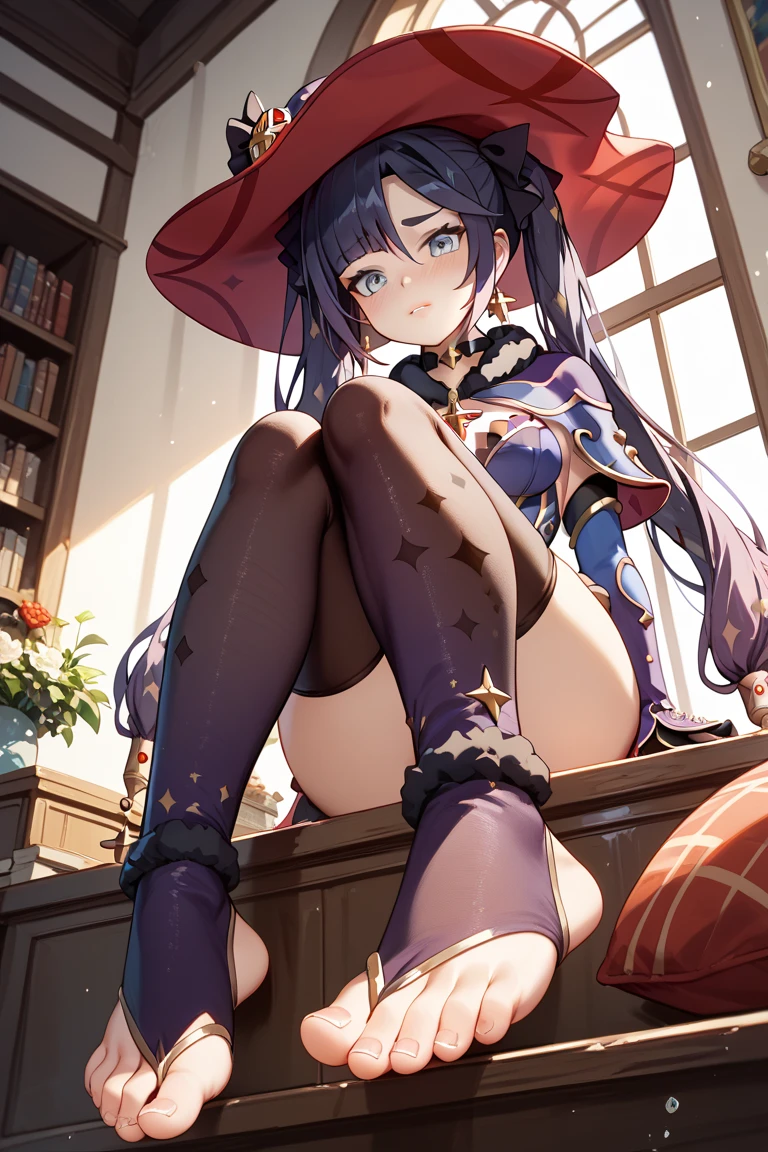 mona_tpa, 1girl, mcdonald's, indoor, purple hair, aqua eyes, small breasts, witch hat, stairs, shrine, lens flare, star_(symbol) pantyhose, highly detailed, absurdres, masterpiece,  spread legs 