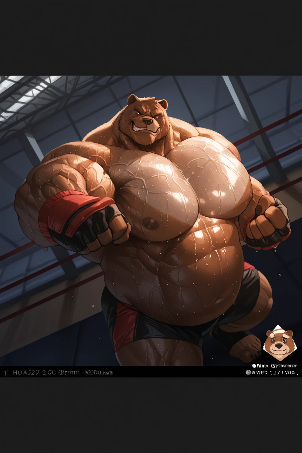 ((Masterpiece)),((Hight quality)),((Hught Detailed)),((Realistic,)) Anime Artistic masterpiece art, Concept anime art, Anatomy of character, Disney Obese sumo wrestler Millionaire Boss Bear in underwear, He is very Obese and very muscular Sumo wrestler, Extreme Bloated in the comisary, he is standing with good posture throwing bills at everyone