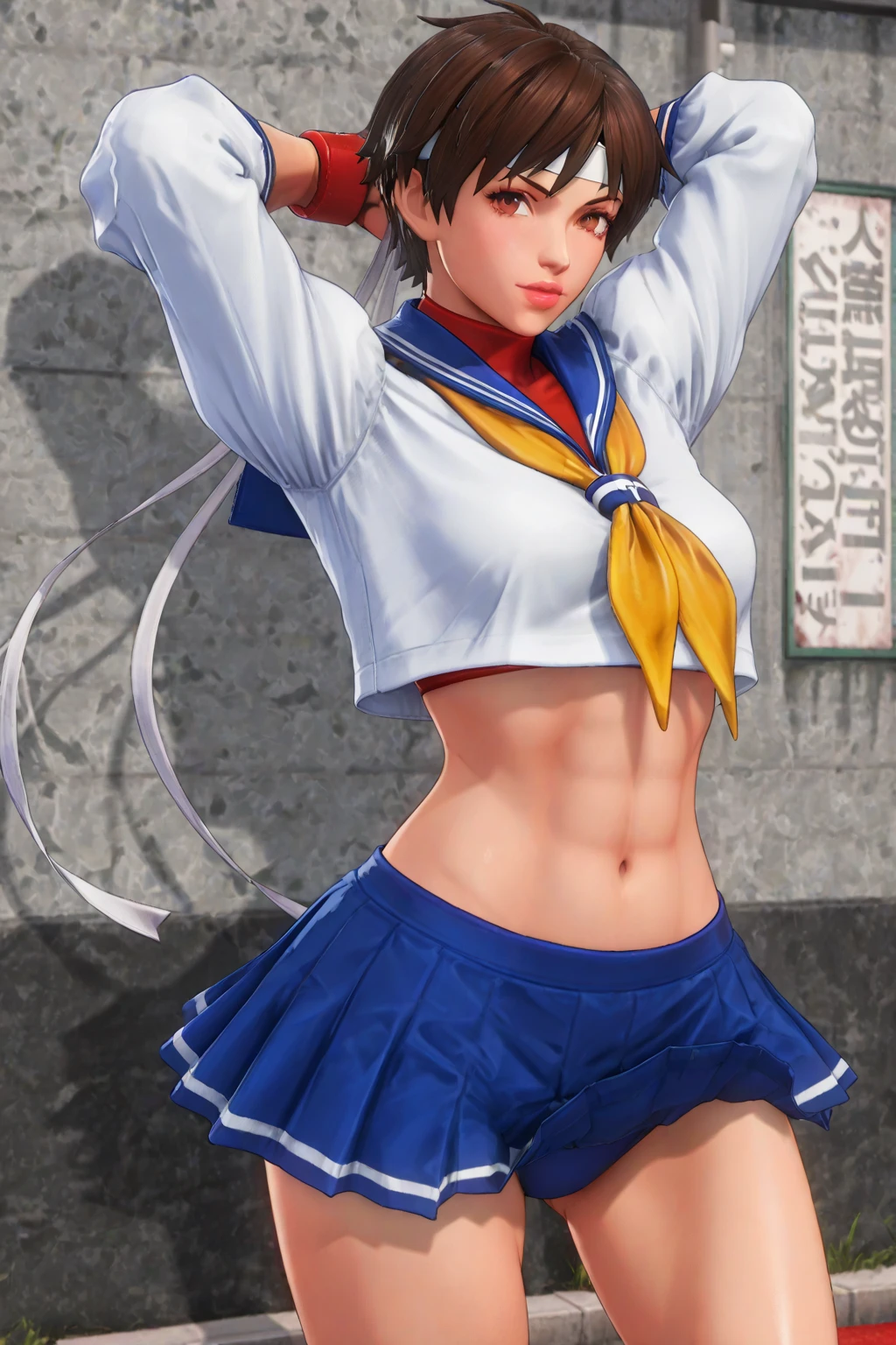 (masterpiece), (best quality), realistic illustration, digital painting, of Sakura's street fighter, a young high school fighter in a fighting pose. Hot body, slim body with curves, face with angry expression, realistic, highly detailed, vibrant colors. In the background a traditional Japanese town of the fourteenth century, cherry trees, Cherry leaves.