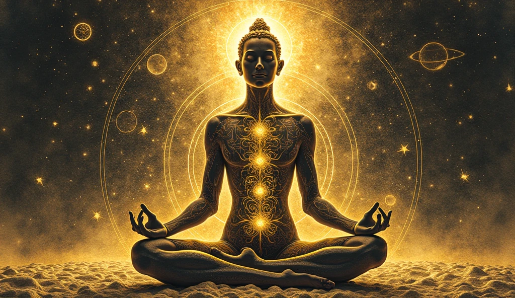 Create a woodcut style image digital art surreal art that depicts a mystical figure with divine characteristics,the figure can meditate,or pray to god,the figure strikes poses of spirituality connected with the astral, symbolizing control and harmony with the universe. Use a vibrant color palette, including blue, oranges and whites, to create heavenly contrast and a stunning visual effect