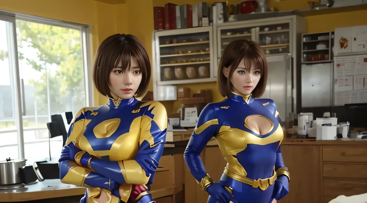 high quality, masterpiece, Very detailed, 8k, A beautiful 14 year old Japanese girl:1.5, Small face, blunt bangs, short hair, Breast Augmentation Surgery, (Yellow and black taimanin suit:1.5), He has a large metal helmet on his head that covers his hair and eyes., tube, wire, She gets electrocuted, brainwashing、　height:170cm、　Stick your tongue out、　Open your mouth and show me your throat、　V sign with both hands、　Ecstatic expression