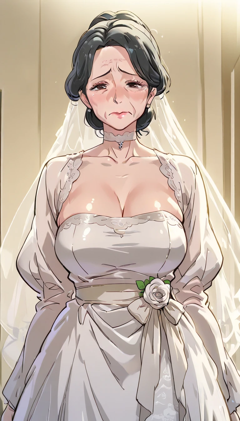 Night time,(Masterpiece), Best Quality, ultra-detailed, 1girl (eri,  Slender and sexy body, pregnant, huge and pretty breasts,  wide hips, brown hair, chignon, brown  eyes, empty eye, spectacles), blank 
face ,parted lips, mascara, full makeup, red lipstick,  facing viewer, looking at viewer, solo, white wedding dress,  see-through dress, long dress, white veil,bouquet grab  , bows, in the  livingroom, standing,  , Front view 