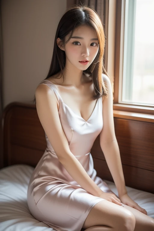 laughing out loud, travel photos,Wear a floral dress,(knee shot), elegant,1 woman, light brown hair, blunt bangs, hair behind ears, Hair over the shoulders, long hair, Slender body type, Super thin face, face slimming, delicate lips, beautiful eyes, Thin blush, Eyes are light brown,Check it out here, (realistic:1.3), One person's perspective, 8k, Super detailed, high quality, best quality, High resolution,(masterpiece))、(top quality)、8k、high detail、Super detailed,Seductive and whimsical style、masterpiece、born、Scenes resembling fairy tale illustrations、Intricate details and complex designs、Beautifully、magic、capricious、 Beautifully、Dream aesthetics、「𝓡𝓸𝓶𝓪𝓷𝓽𝓲𝓬、ethereal、charming、fickle、magic」、Realism、Visual effects、FXAA、SSAO、Shaders、voiceless、ambient lighting、Tone mapping、High resolution、Ultra high quality、Million pixels、(8k resolution:1.10)、8k、Below 8K、8k resolution、high detail、intricate details, (high quality:1.2、masterpiece:1.2、:1.21)、Large Breasts, Photos above the knees