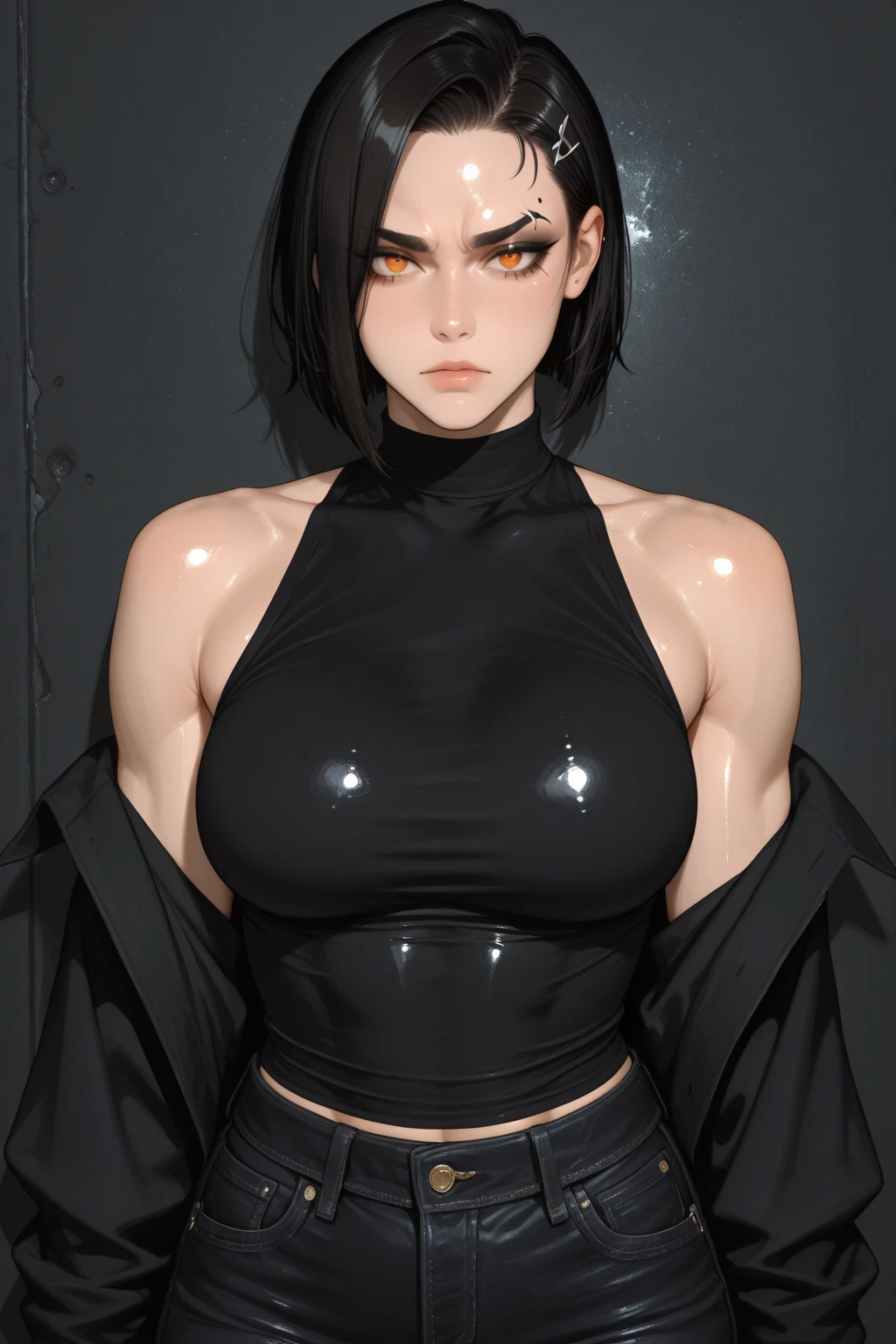 a goth, pretty face, serious face, short black hair, green eyes, perfect body, fit body, abdomen, big breasts, muscular, small black thong