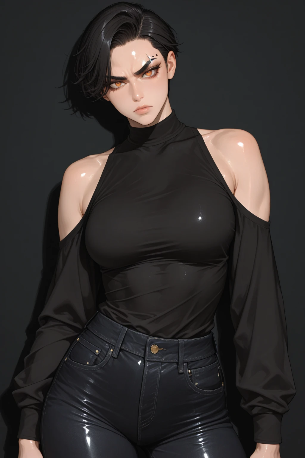 realistic, 1girl, black hair, black eyes, glowing eyes, backless black crop top, black shorts jeans, parted lips, blush, night, rain, camel toe,