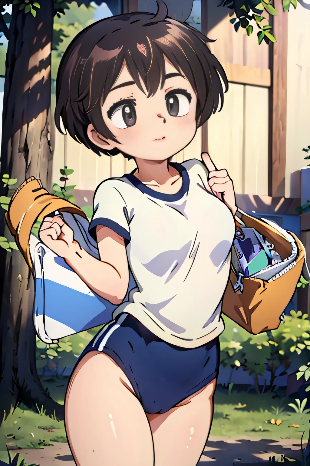 (masterpiece, highest quality), 1 girl, beautiful face, beautiful body, wearing a Black gymnastics bloomers, High leg、white blouse, cowboy shot、Are standing、full body portrait、alone, complex details, enlarged textures, complex details, finely detailed eyes and detailed face, intricate details, (closed mouth), perfect eyes, equal eyes, perfect body, extremely detailed, (), extremely realistic 3d,In a dark forest、